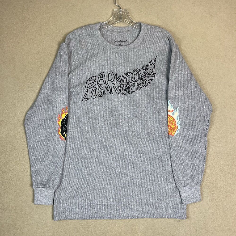 Badwood Sweatshirt Mens Medium Gray Tiger and Panther Print‎ Long Sleeve Thermal
